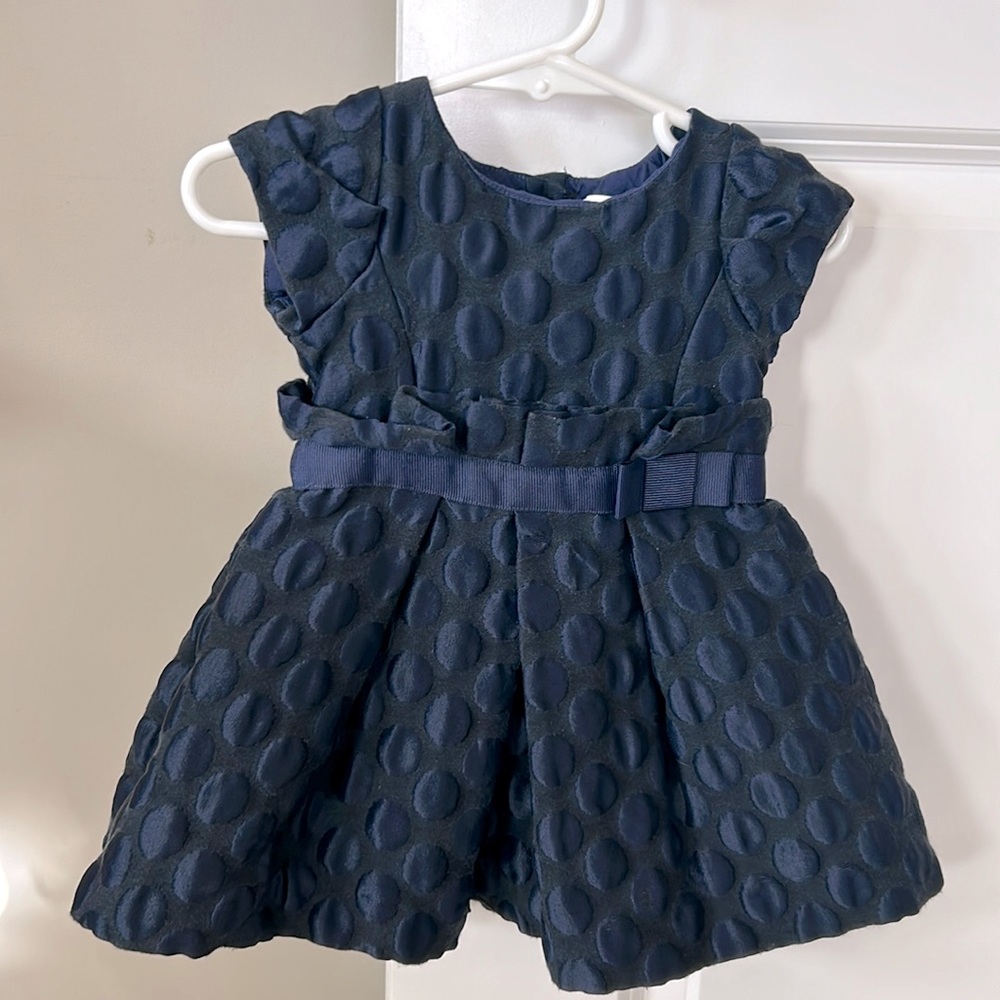 Jacadi Paris Textured Navy Blue Fancy Dress w Ruffles & Grosgrain Ribbon 6 Mos.